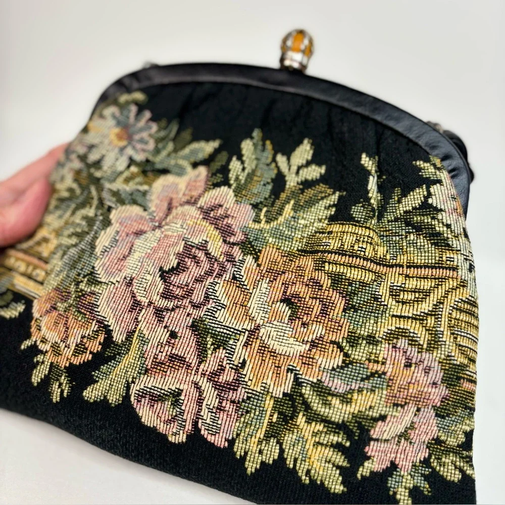 Vintage 1950’s Harry Levine Jewel Kiss Clasp Floral Tapestry Purse Leather Strap